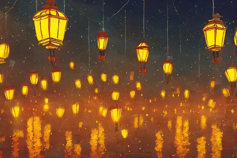 Image similar to a beautiful city full of glowing lanterns at night, by temmie chang, digital art, trending on artstation, rule of thirds, detailed, cinematic