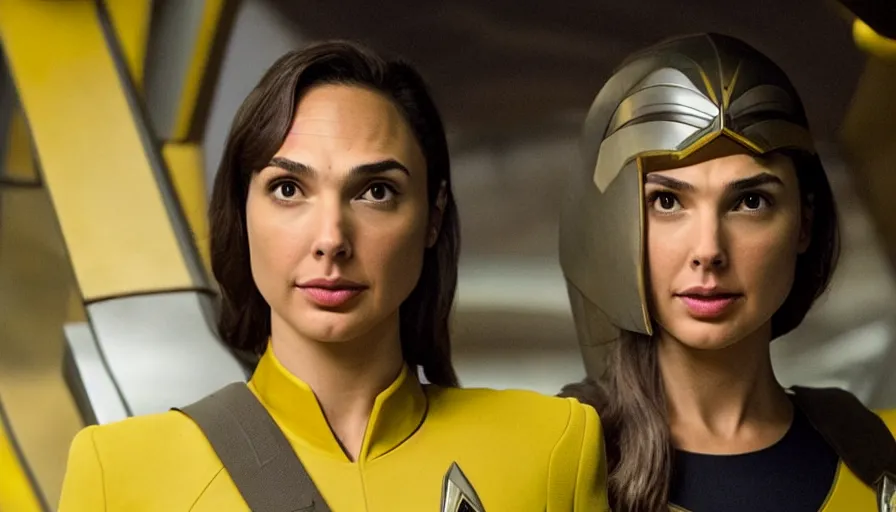 Image similar to Gal Gadot, wearing a yellow uniform, is the captain of the starship Enterprise in the new Star Trek movie