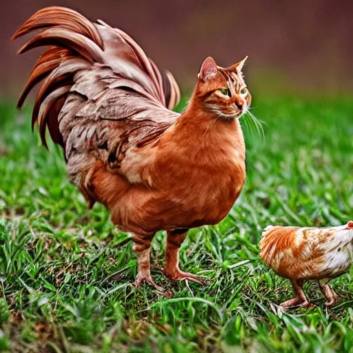 Prompt: hybrid of a cat and a chicken, wild species photography, natural lighting, award-winning