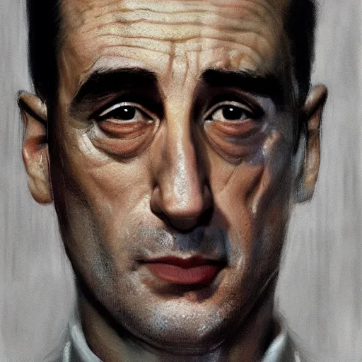 Image similar to realistic portrait of travis bickle ( robert deniro ), trending on artstation, low angle oil painting and composition laws, cinematic lighting, hyperdetailed, cgsociety, 8 k, martin scorsese cinematography, taxi driver