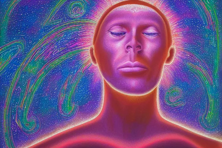 Image similar to digital art of a spiritual man looking up at the stars, glowing light, acrylic art, universe, painting, pastel colors, alex grey,