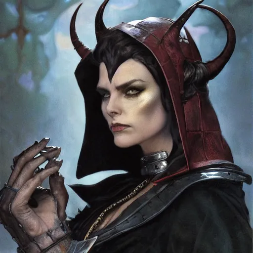 Prompt: portrait of a surly and resentful female tiefling thief with small horns clothed in leather armor and a cloak, angry expression, no hand, by Greg Rutkowski and John Collier and Krenz Cushart and Artem Demura and Alphonse Mucha and Albert Aublet, as seen on ArtStation, 4k, dungeons and dragons, very aesthetic, very detailed, intricate, unreal, fantasy, dramatic, painterly, artstation, sharp focus, smooth