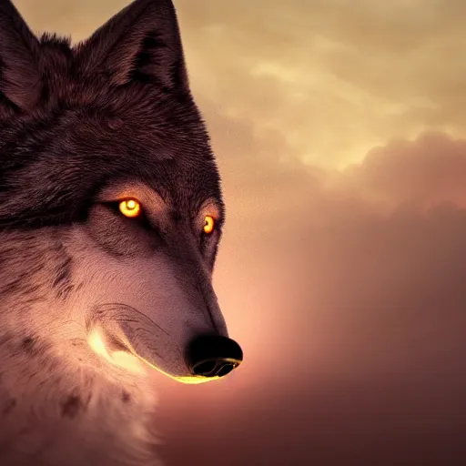 Image similar to of beksinki sky and fantasy desert on the theme and shape of a wolves head epic cinematic lighting ultra detailed 8 k hi res