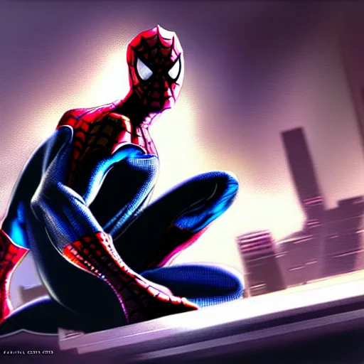 Image similar to futuristic depiction of spiderman, futuristic style spiderman, cyberpunk, craig mullins, large eyes, white webbing, comic book art