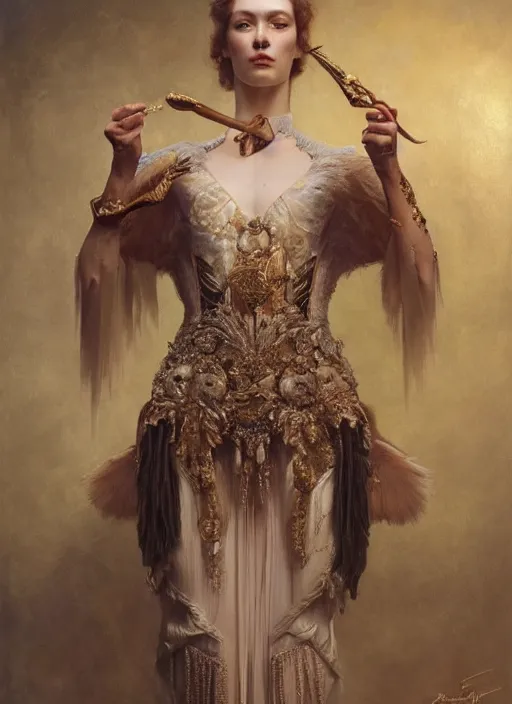 Image similar to highly detailed oil painting | very intricate | cinematic lighting | award - winning | swan warrior high couture by alexander mcqueen | by roberto ferri, by tom bagshaw, by j. c. leyendecker and klimt, american romanticism, by austin osman spare, artstation, cgsociety, official art, octane