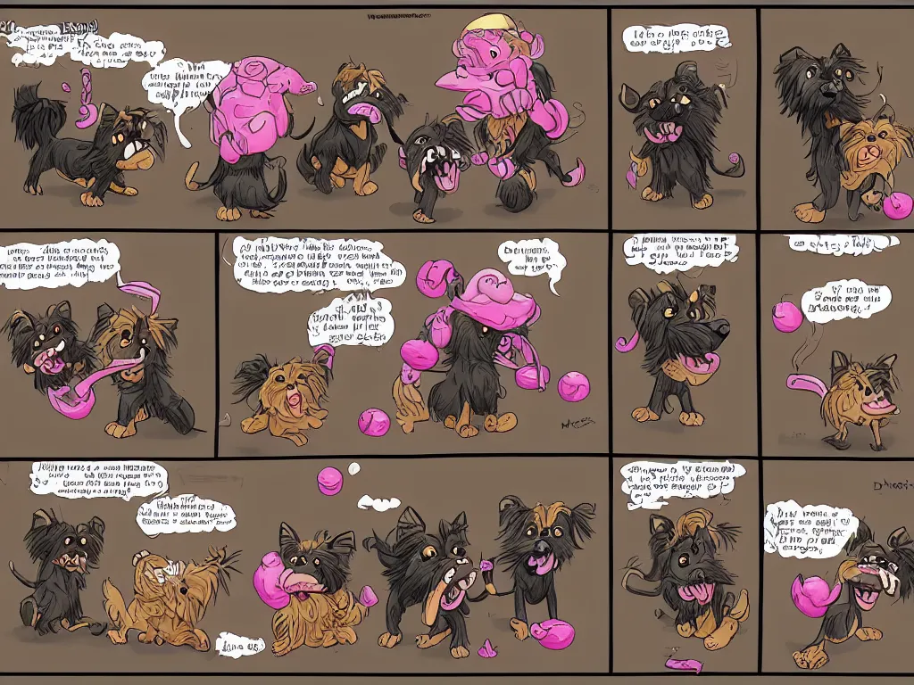 Prompt: a 4-frame comic strip of a smiling black and caramel Yorkshire Terrier, fighting with a pink rubber monkey in a steampunk Los Angeles, D&D, fantasy, highly detailed, digital painting, artstation, concept art, smooth, sharp focus, illustration, art by Mauricio de Sousa