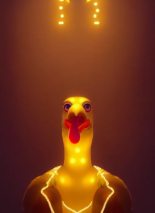 Prompt: portrait of chica the chicken from fnaf, intricate, elegant, glowing lights, highly detailed, digital painting, artstation, concept art, sharp focus, illustration, art by wlop, mars ravelo and greg rutkowski