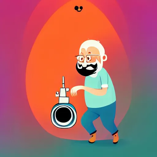 Image similar to curled perspective digital art of a cute smiling beard grandpa cartoon character taking a photo to a baby girl by anton fadeev