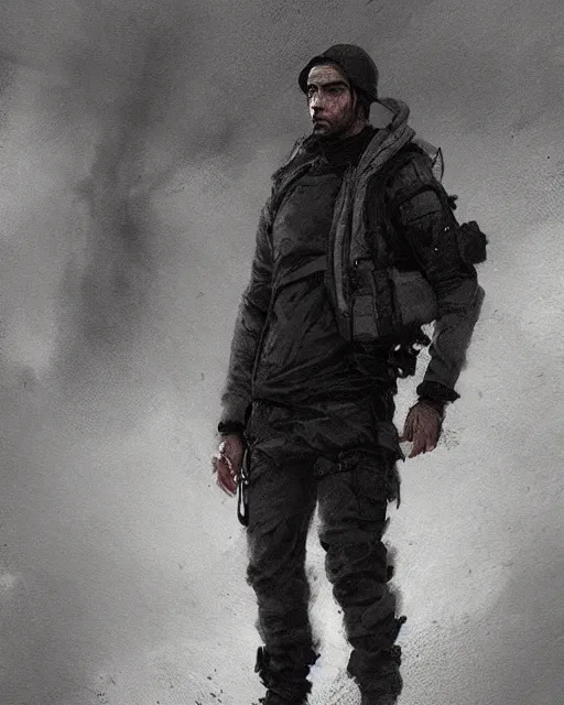 Image similar to Medium shot of a character wearing techwear in the style of greg rutkowski