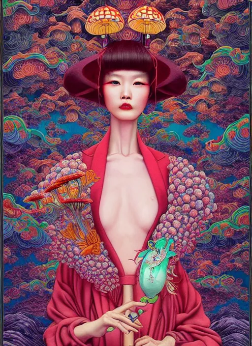 Image similar to pretty chinese model with hallucination mushroom : : by martine johanna and simon stalenhag and chie yoshii and casey weldon and wlop : : ornate, dynamic, particulate, rich colors, intricate, elegant, highly detailed, vogue, harper's bazaar art, fashion magazine, smooth, sharp focus,