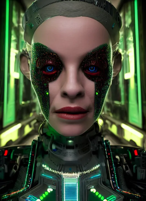 Image similar to 35mm portrait of a 7 of 9 borg with face implants on the background of a weird magical mechanical forest. Round gears visible inside her hear. Very detailed 8k. Fantasy cyberpunk horror. Sharp. Unreal 5 render with nanite, global illumination and path tracing. Cinematic post-processing