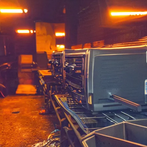Prompt: toaster ovens on conveyor belt, dark messy smoke - filled cluttered workshop, dark, dramatic lighting, orange tint, sparks, cinematic, highly detailed, sci - fi, futuristic, movie still