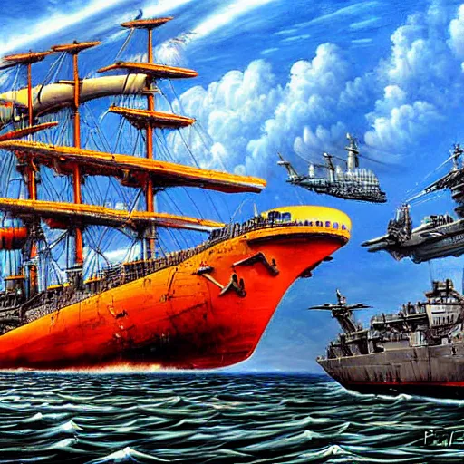 Prompt: giant warship and planes, diesel punk, realistic and detailed painting, by paul roman martinez