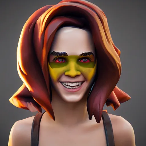 Image similar to textured film grain small eyes subsurface scattering fashion model face smiling laughing squinting emma watson as a fortnite character cgsociety octane render unreal engine redshift render trending on artstation trending on artstation render blender behance cg superhero