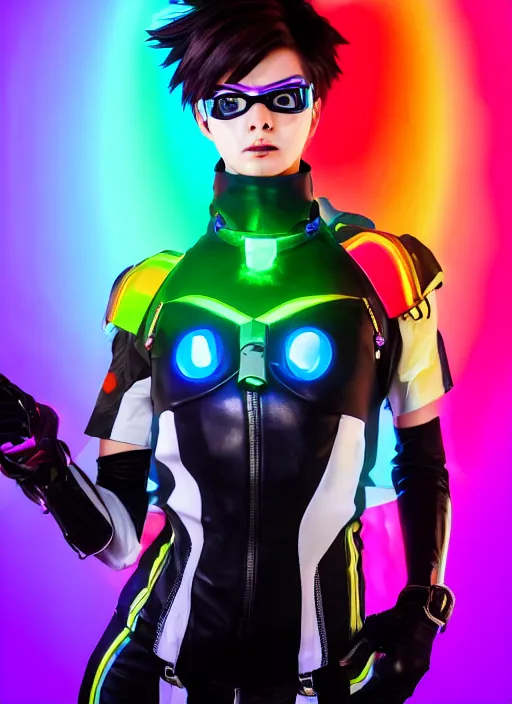 Prompt: full body overwatch style oil painting portrait of tracer overwatch, confident pose, full body, full body, wearing black jagged iridescent rainbow latex armor, rainbow, neon, 4 k, expressive surprised expression, makeup, wearing large rainbow neon choker, studio lighting, acid, trippy, black leather harness, expressive detailed face and eyes,