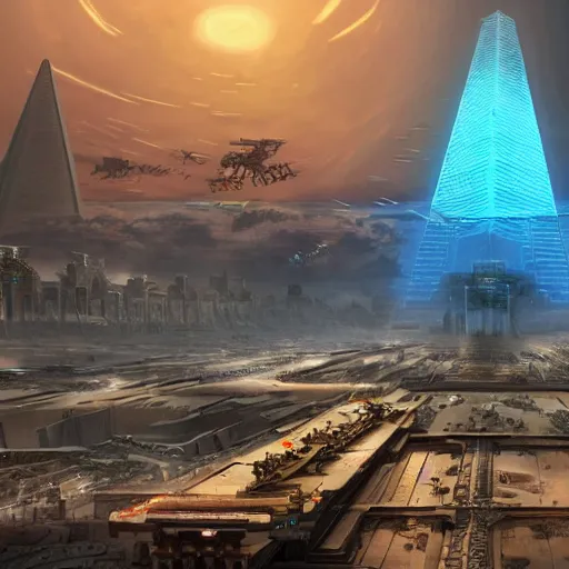 Image similar to a scene of the beautiful intricate epic futuristic pharaoh city with the cyber sphinx of giza, hovering cyber pyramid, hyper detailed, cinematic lighting