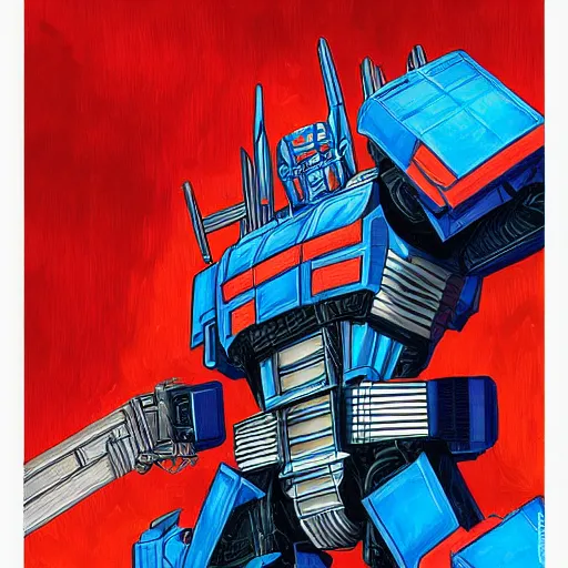 Prompt: painting of Optimus Prime by Laurie Greasley, hyperdetailed