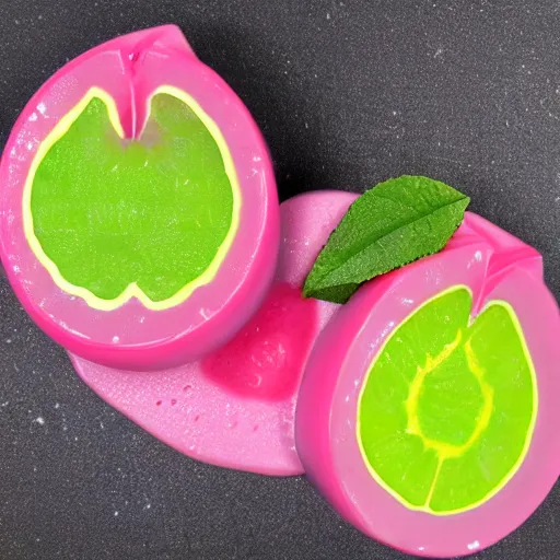 Prompt: alien pink and green citrus fruit, soap berry fruit