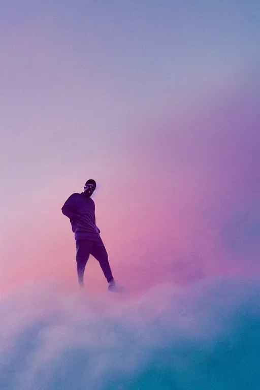 Image similar to high quality pastel coloured film close up wide angle photograph of will smith wearing clothing resting on cloud furniture in a icelandic black rock!! environment in a partially haze filled dreamstate world. three point light, rainbow. photographic production. art directed. pastel colours. volumetric clouds. pastel gradient overlay. waves glitch artefacts. extreme facial clarity. 8 k. filmic.