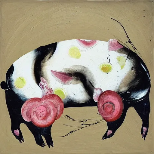 Image similar to “pig paintings and pig sculptures in a pig art gallery, pork, ikebana white flowers, white wax dripping, squashed raspberry stains, acrylic and spray paint and oilstick on canvas, by munch and Dali”