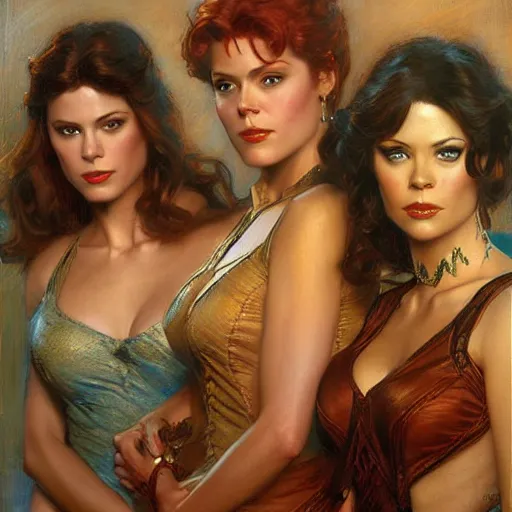 Image similar to the charmed ones as 3 brothers. highly detailed painting by gaston bussiere, craig mullins, j. c. leyendecker, 8 k