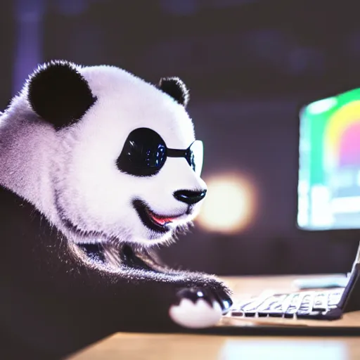 Prompt: a cute fluffy panda like a programmer wearing metal frame glasses is coding in front of the computer by hands, foggy, mystery code, Cyberpunk, neon light, 4k, hd, highly detailed, 8k, rainbow, Unreal Engineer 5