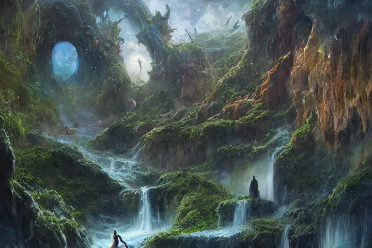 Image similar to amazing concept painting, by Jessica Rossier and HR giger and Beksinski, prophecy, hallucination, garden of eden, lush fruit orchard stream and rock garden, waterfalls, moss, fruit trees, wild animals, garden of earthly delights