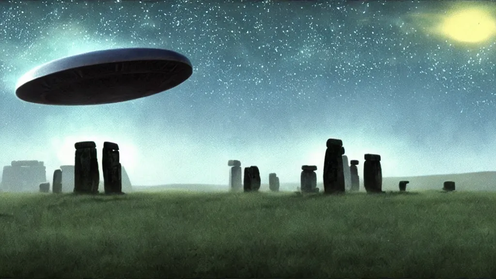Image similar to a cell shaded cartoon movie still from princess mononoke ( 1 9 9 7 ) showing a giant ufo from independence day ( 1 9 9 6 ) over stonehenge. on a misty and starry night. very dull muted colors, hd, 4 k, hq