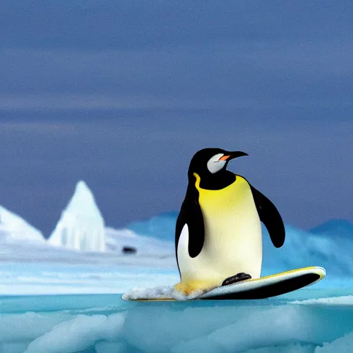 Image similar to emperor penguin surfing riding a big wave using an ice floe as surfboard, trending on artstation