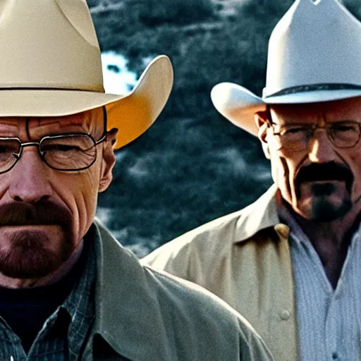 Image similar to walter white as a cowboy in a western town, cinematic