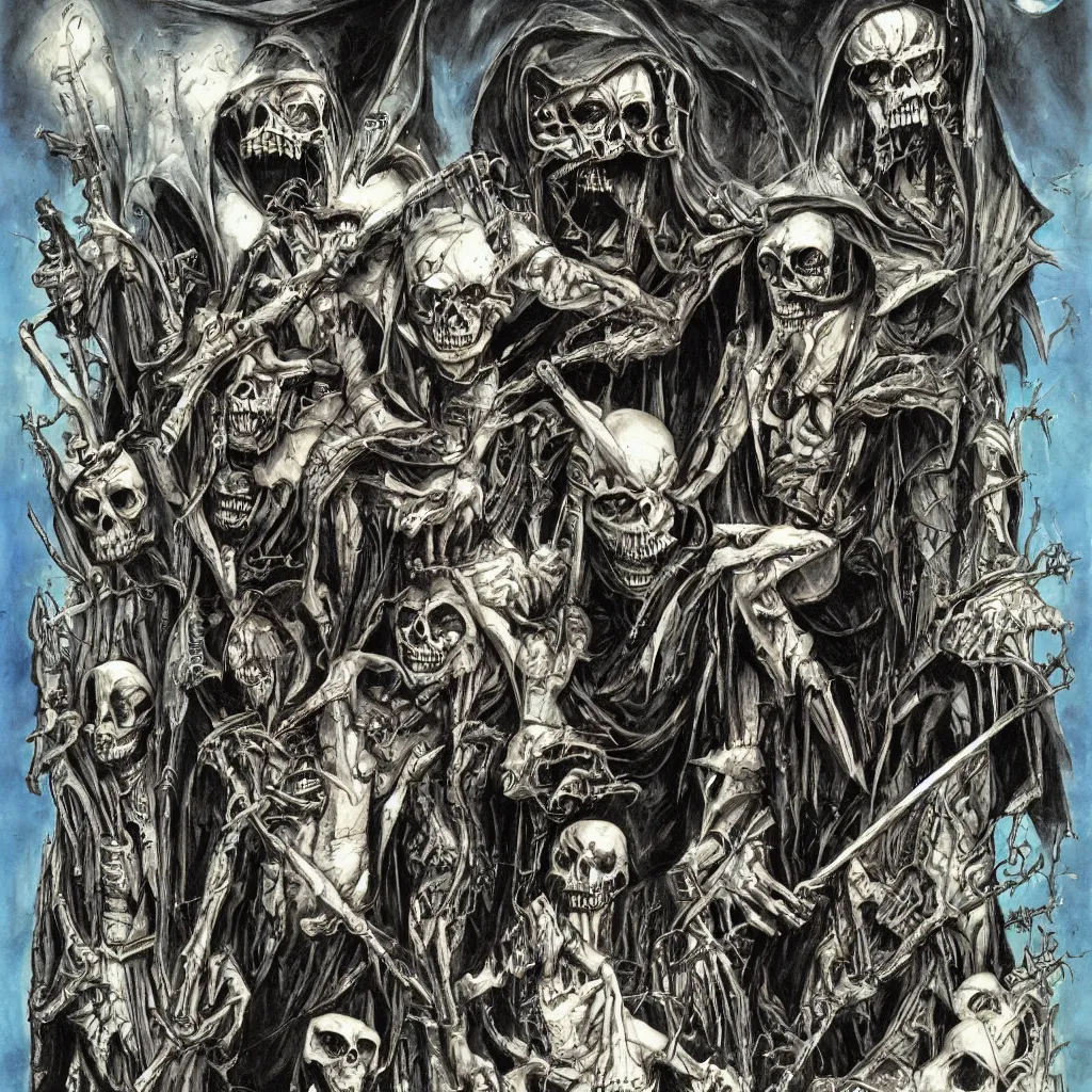 Prompt: judge death and vic rattlehead and the grim reaper by simon bisley and h.r. giger