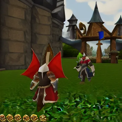 Image similar to a screenshot from runescape with two magical dragons perched on top of lumbridge