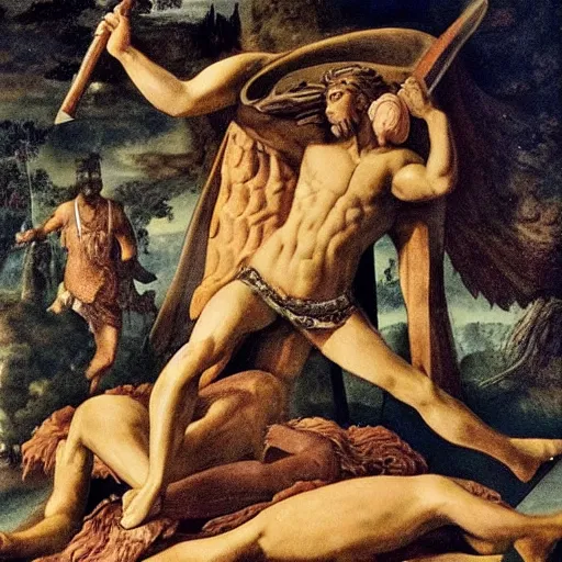 Prompt: The land art depicts the mythical hero Hercules in the moments after he has completed one of his twelve labors, the killing of the Hydra. Hercules is shown standing over the dead Hydra, his body covered in blood and his right hand still clutching the sword that slew the beast. His face is expressionless, betraying neither the exhaustion nor the triumph that must surely accompany such a feat. double exposure by Mikalojus Konstantinas Ciurlionis, by Filip Hodas distorted