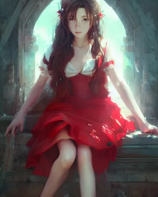 Image similar to aerith gainsborough in red lace skirt, portrait, illustration, rim light, top light, perfectly shaded, soft painting, art by krenz cushart and wenjun lin