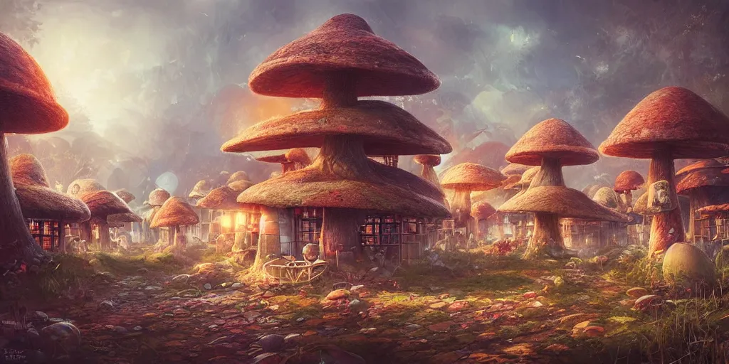 Image similar to mushroom village by tom bagshaw, rococo, intricate, detailed, photorealistic imagery, artstation render inspired by alena aenami 8 k