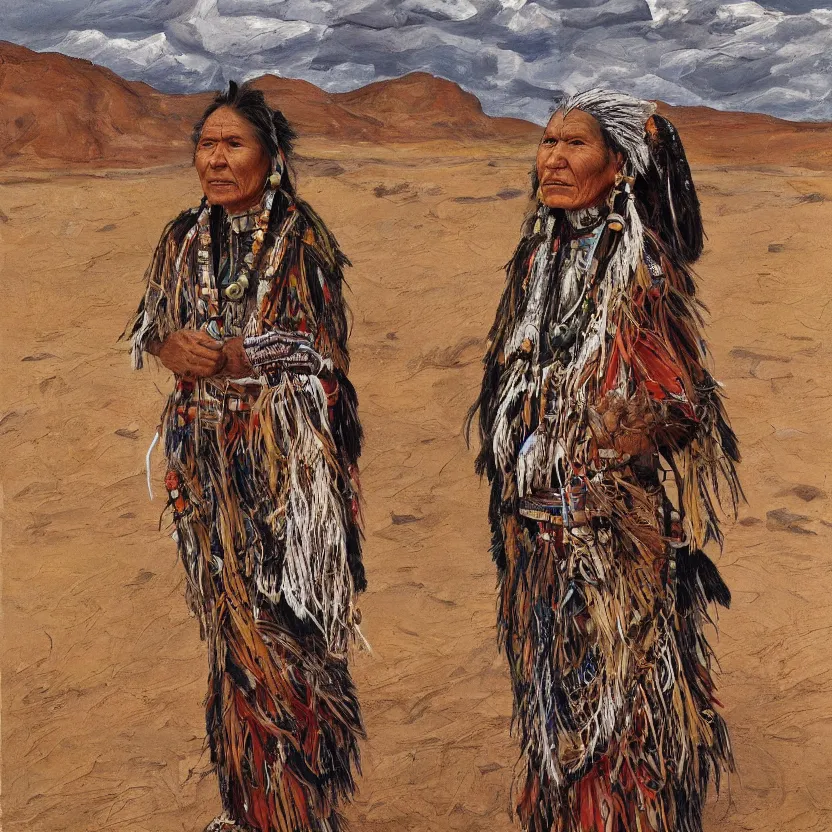 Prompt: full body shot picture of indigenous people woman leader in desert, painted by lucian freud, hd, super detailed, realistic, muted colors