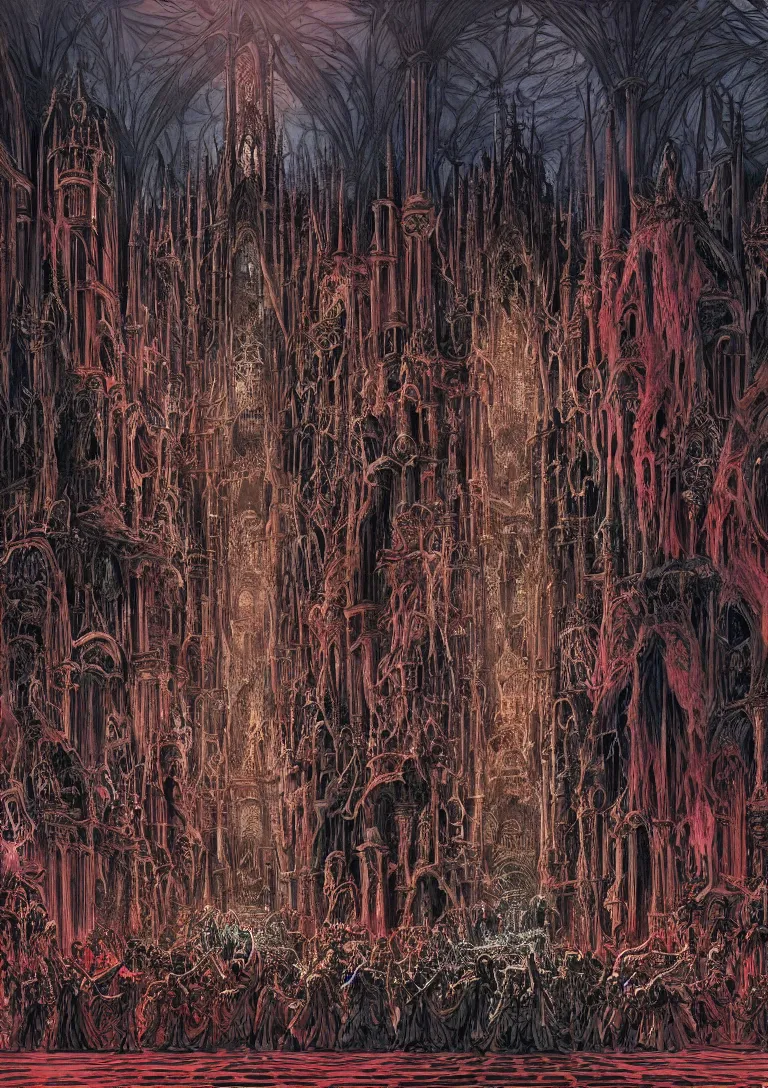 Image similar to matte painting of a gothic throne room, centered on a huge throne of bones and flesh, abominations are kneeling in front of the throne, dying humans are nailed to the walls, red tones, josan gonzales and moebius and enki bilal and and dan mumford and jean claude meziere and philippe druilleg