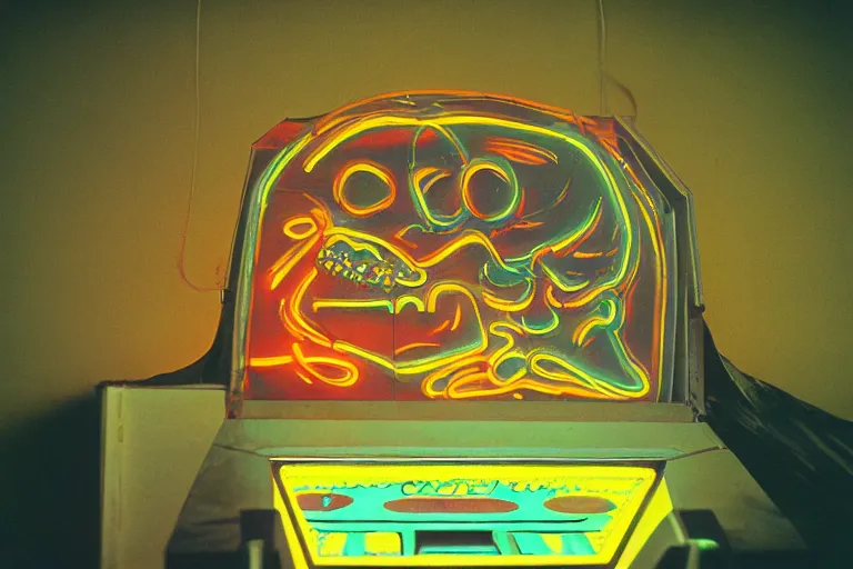 Image similar to giant screaming metallic skull inside of a 1970s videogame arcade, neon lights, dirty, ektachrome photograph, volumetric lighting, f8 aperture, cinematic Eastman 5384 film