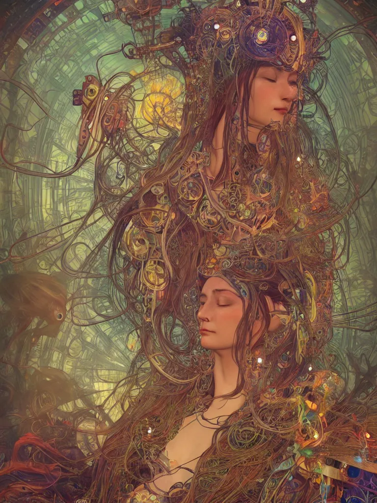Image similar to an ancient mystical alluring female shaman generating flowing energy and surrounded by wisps of incense smoke sits meditating in a magical cybernetic robot temple , face face face, by android jones and alphonse mucha, 3d, cinema 4d render, trending on artstation