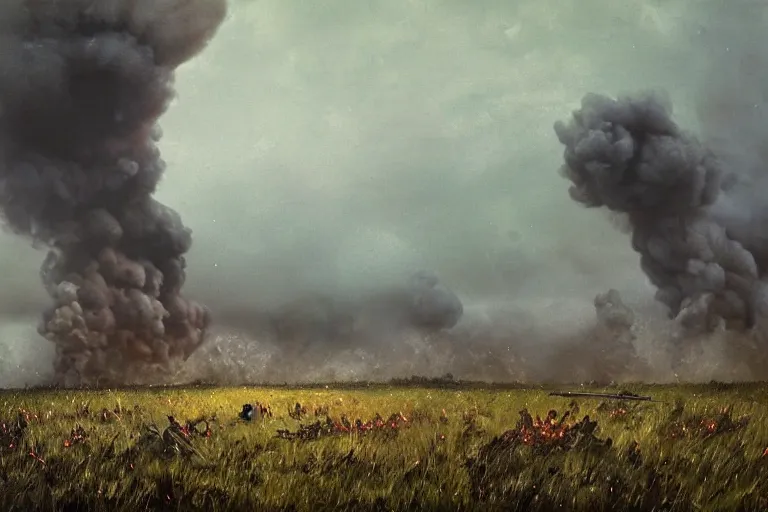 Image similar to chaotic battlefield, multiple soldiers!, thick dark smoke!, vehicles on fire, heavy rain from thick clouds, storm, overgrowth, forest, (mushroom cloud) in the background, bleak, melancholy atmosphere, bird flock flying to the horizon, band of brothers, bf1942, 4k impressionism painting by Gregory Crewdson and Grzegorz Domaradzki and Ivan Shishkin and Jakub Rozalski