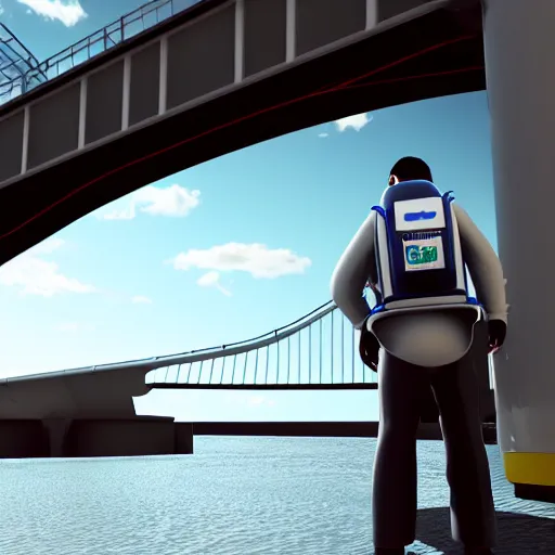 Prompt: a milkman with a jetpack inspecting an endless bridge, photo realistic, realistic lighting, realistic shadows, ocean, bridge, milkman, surface reflections, highly detailed