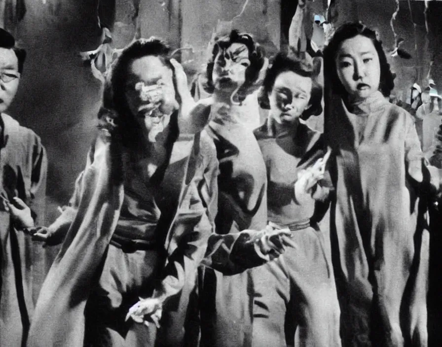 Image similar to a filmstill of pulgasari, kaiju starfish, monster movie, korean film noir, 1 9 5 0 s thriller, kim jong - il, in the style of suspiria ( 1 9 7 7 )