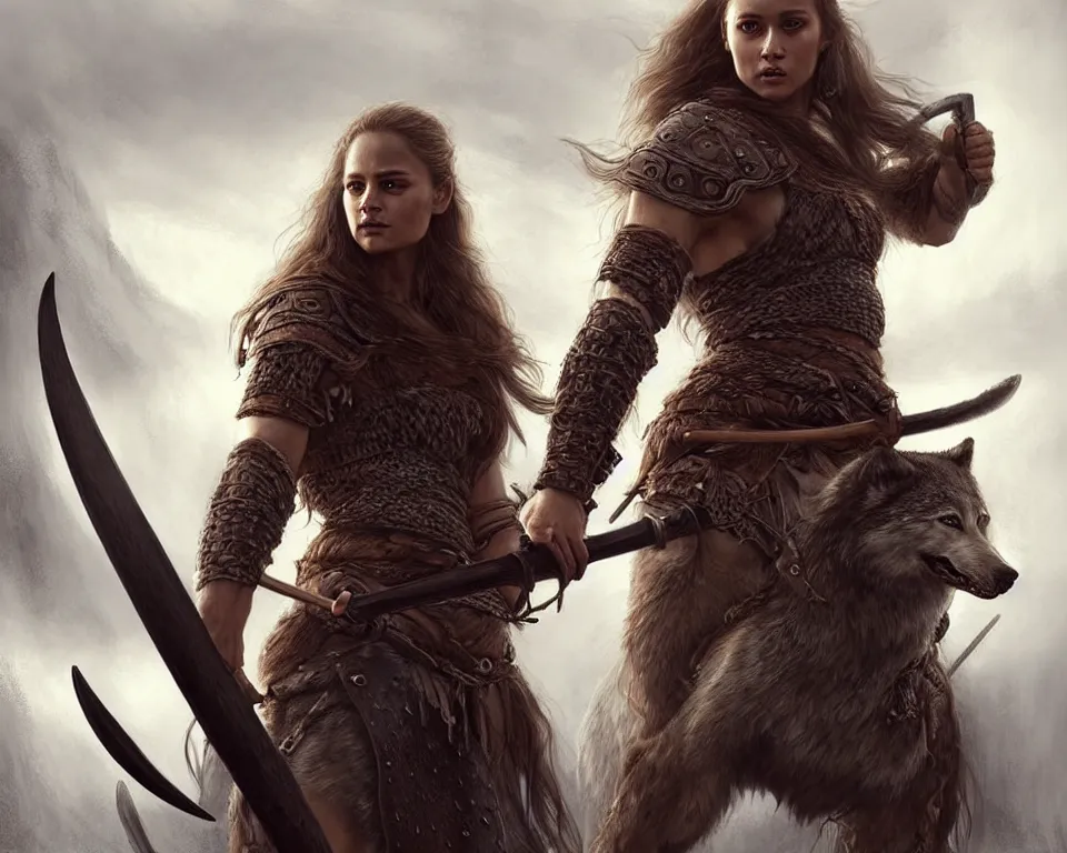 Image similar to gorgeous!! hyper - realistic woman resembling alicia vikander as a battle - worn viking warrior wielding a giant axe, accompanied by a dire wolf | intricate, highly detailed, digital painting, character design, character concept art | drawn by wlop, drawn by jeehyung lee, drawn by artgerm, drawn by peter kemp