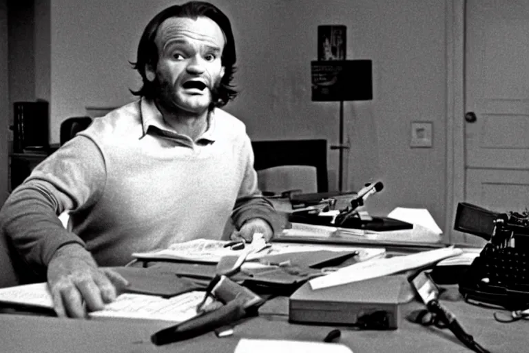 Prompt: Robin Williams as Jack Torrance sitting at desk using typewriter in The Shining 1980