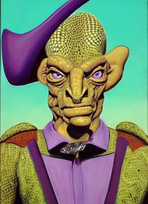 Image similar to oil painting portrait of a cowboy lizard person, a gorn from star trek, a snake oil salesman wearing a blonde wig in a movie poster for a movie called gorn on the bull horn girl, purple green color scheme