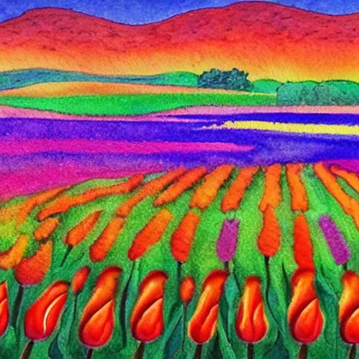 Prompt: a psydedelic painting of a tulip field with rolling hills, watercolour