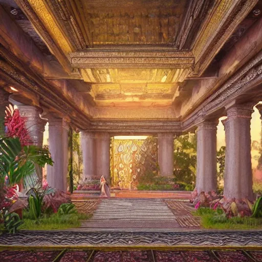 Image similar to stunning & visually striking highly detailed, hyperrealistic, intricate interior of an ancient indian palace, with tall beams, curtains, large paintings in frames, greenery around the pillars, exotic flower arrangement in style of Peter Mohrbacher, unreal engine, trending on artstation, octane render, 4K