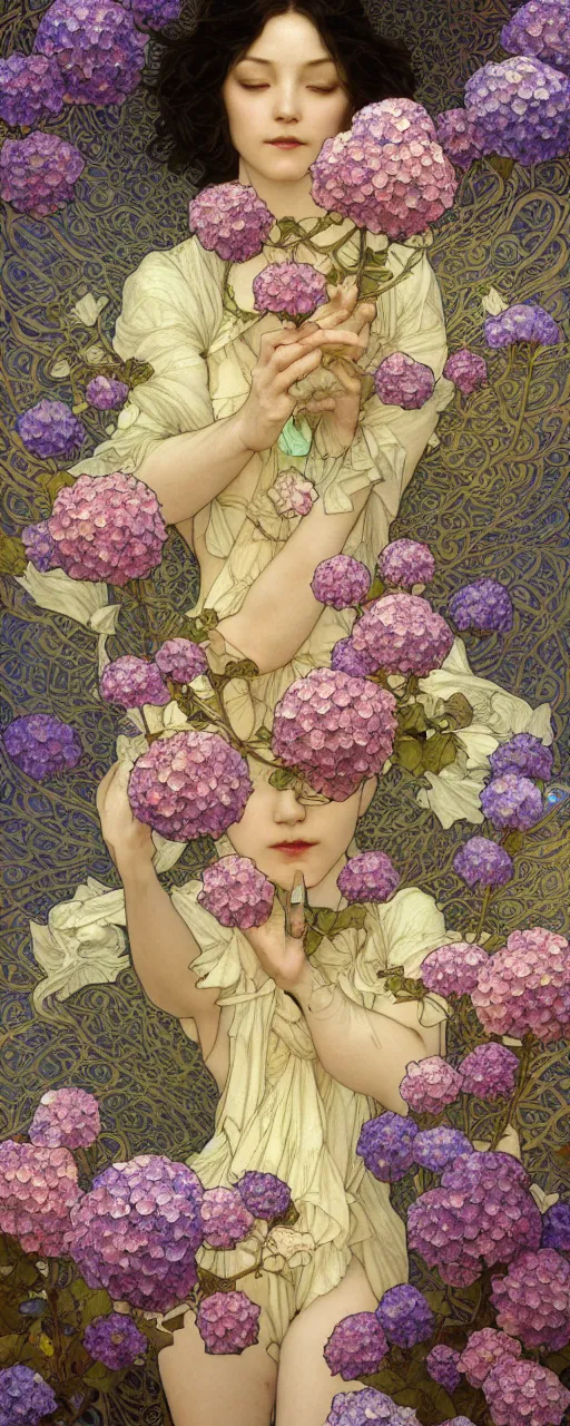 Image similar to tarot art nouveau painting of a hydrangea flower, ultradetail, art and illustration by tian zi and craig mullins and Ayami Kojima and WLOP and alphonse mucha, fantasy, intricate complexity, watermark, blurry, hyperrealism 8k