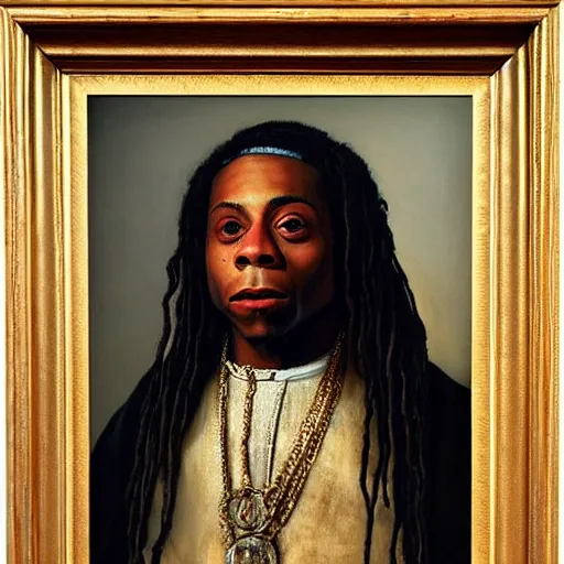 Prompt: a Rembrandt portrait painting of Lil Wayne, detailed portrait, realistic