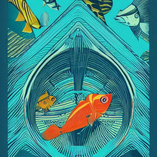 Image similar to profile of one stylized fish in center of view, dark ocean, complex patterns, artstation, intricate, realistic, highly detailed, digital painting, concept art, sharp focus, illustration by tom whalen and charles williams and kilian eng and james jean